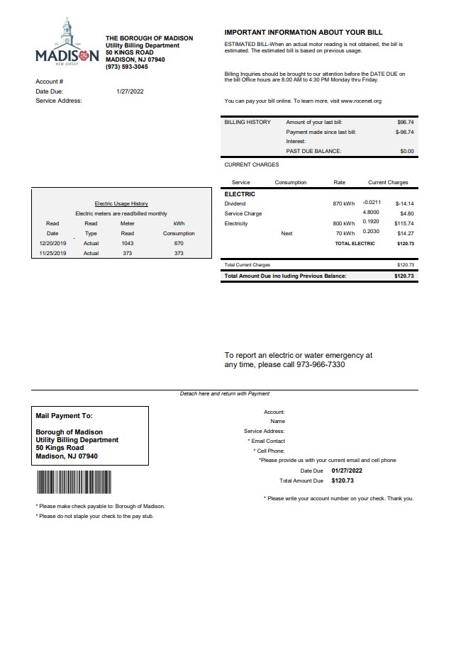 USA New Jersey The Borough of Madison utility bill template in Word and PDF format